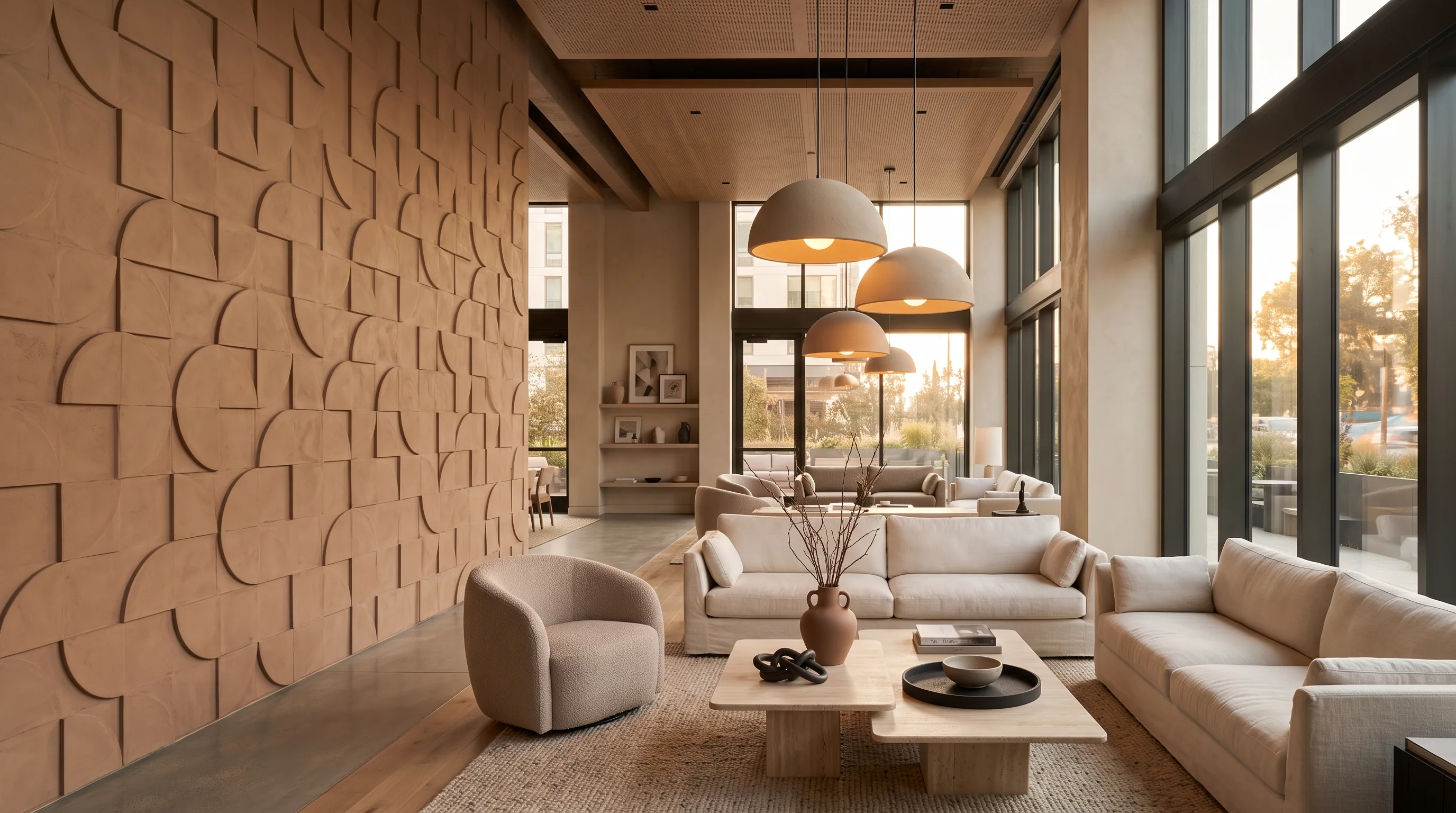 Lounge de hotel com parede de placas modulares, luminárias pendentes e peças escultóricas sobre mesas de travertino